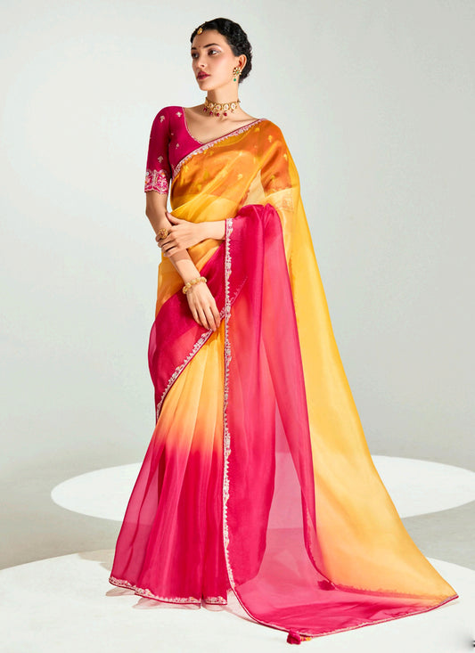 Beautiful Golden Yellow and Hot Pink Organza Tissue Embroidered Designer Wedding Saree