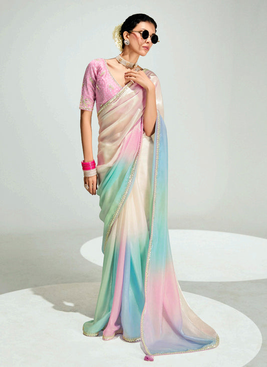 Charming Multicolor Organza Tissue Embroidered Designer Wedding Saree