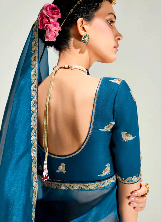 Attractive Peacock Blue and Burgundy Organza Tissue Embroidered Designer Wedding Saree