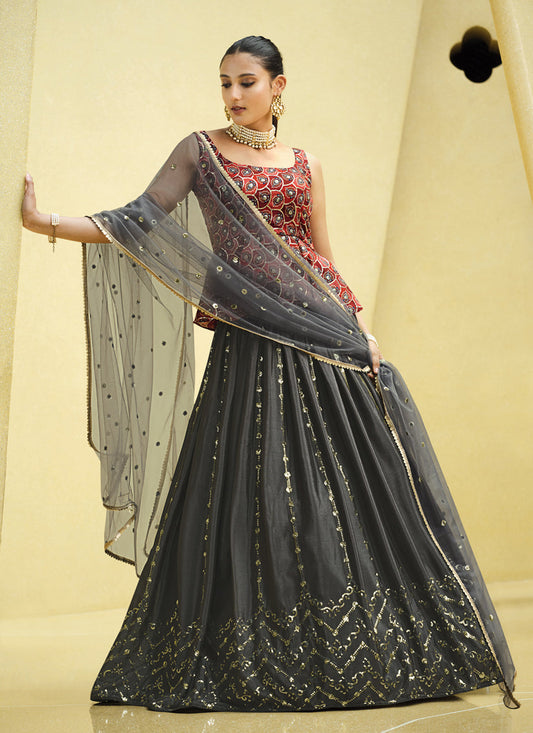 Graceful Charcoal Grey Chinnon Silk Embellished Designer Lehenga Choli