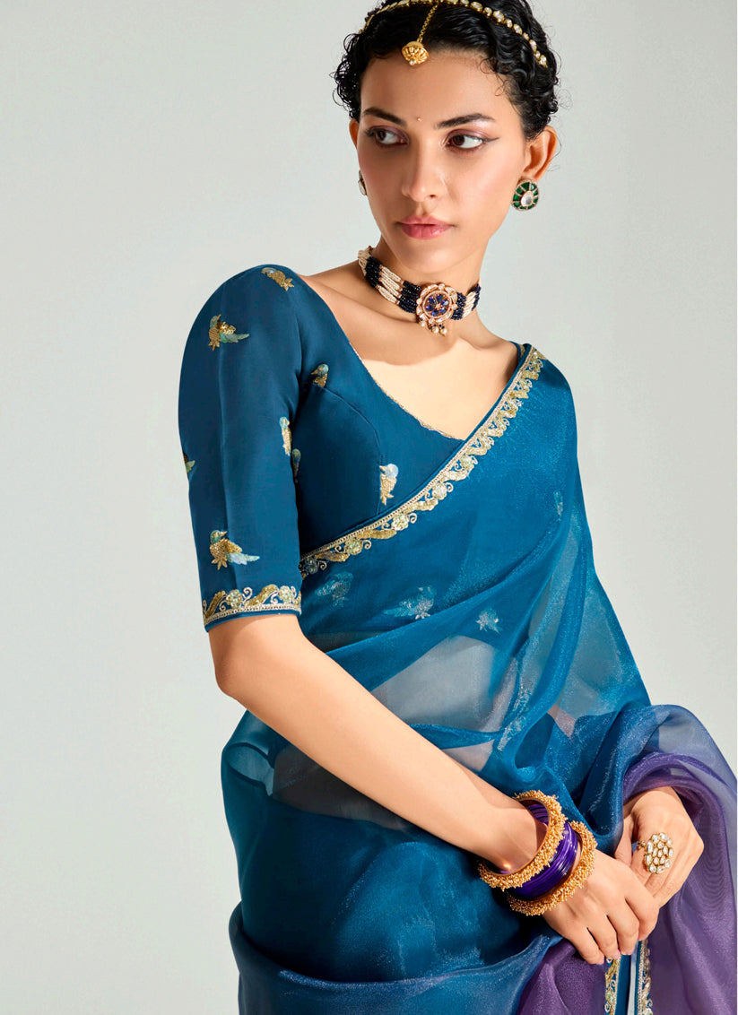 Attractive Peacock Blue and Burgundy Organza Tissue Embroidered Designer Wedding Saree