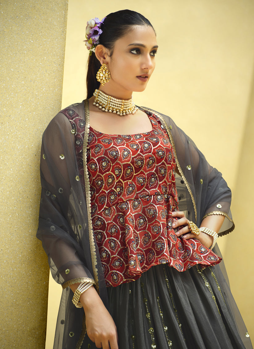 Graceful Charcoal Grey Chinnon Silk Embellished Designer Lehenga Choli