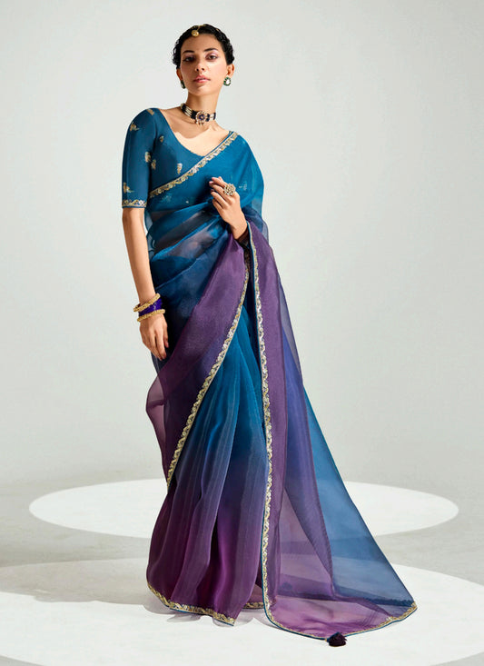 Attractive Peacock Blue and Burgundy Organza Tissue Embroidered Designer Wedding Saree