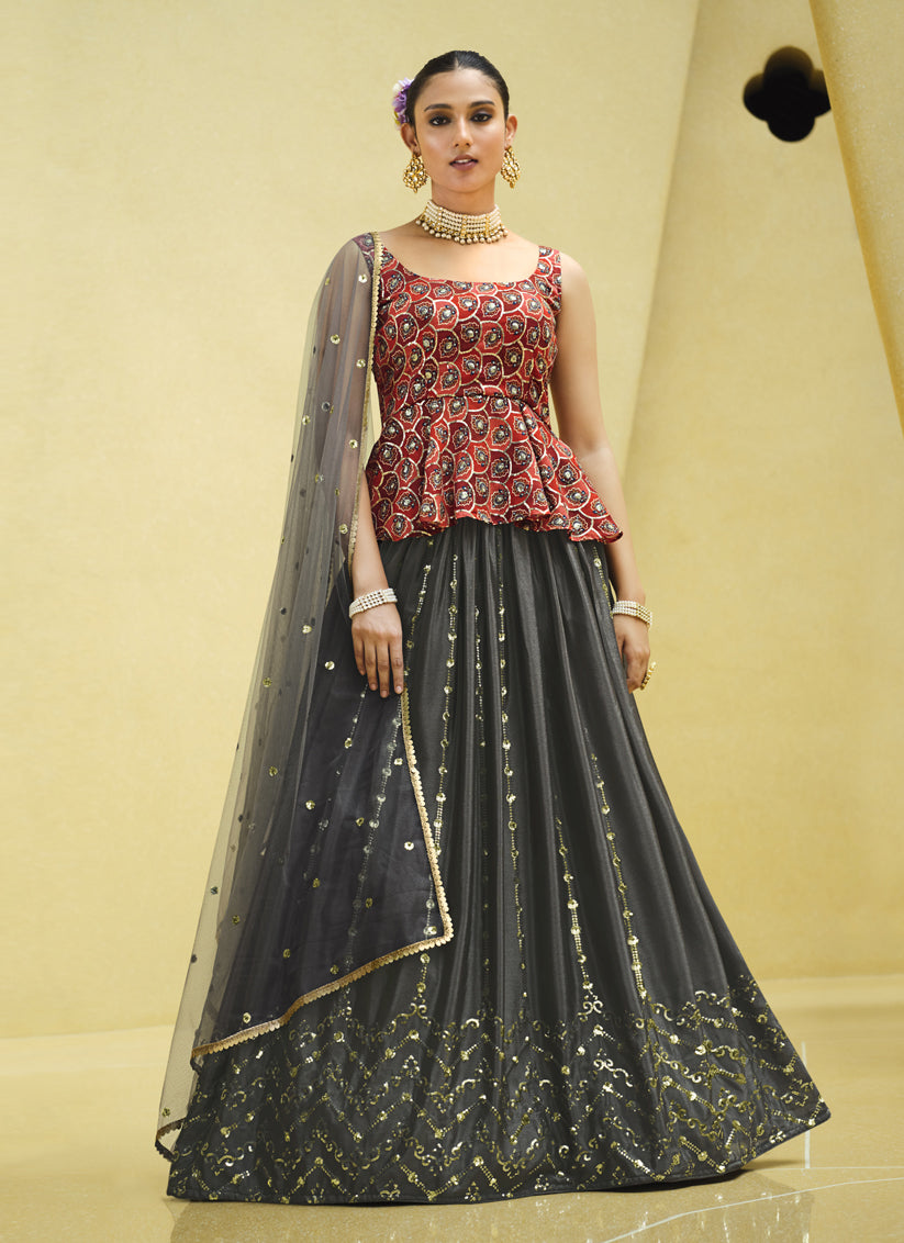 Graceful Charcoal Grey Chinnon Silk Embellished Designer Lehenga Choli