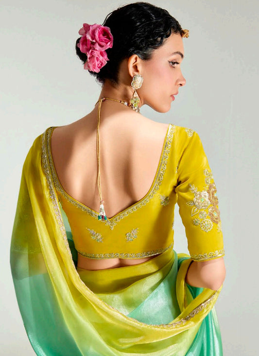 Stylish Sea Green and Lemon Yellow Organza Tissue Embroidered Designer Wedding Saree