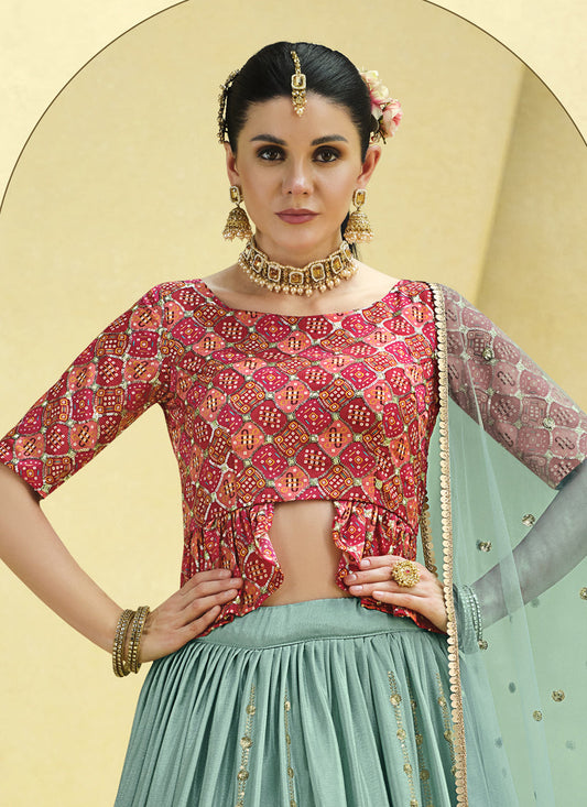 Sophisticated Mint Blue Chinnon Silk Embellished Designer Lehenga Choli