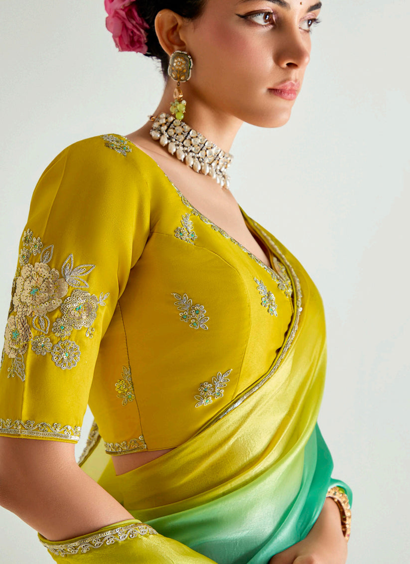 Stylish Sea Green and Lemon Yellow Organza Tissue Embroidered Designer Wedding Saree