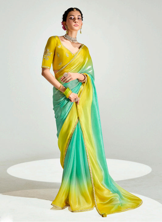 Stylish Sea Green and Lemon Yellow Organza Tissue Embroidered Designer Wedding Saree