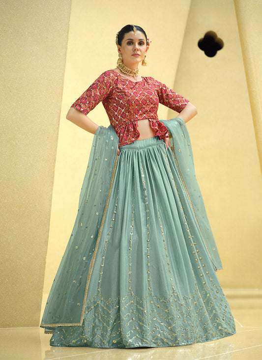 Sophisticated Mint Blue Chinnon Silk Embellished Designer Lehenga Choli