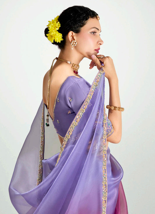 Amazing Lavender and Magenta Organza Tissue Embroidered Designer Wedding Saree
