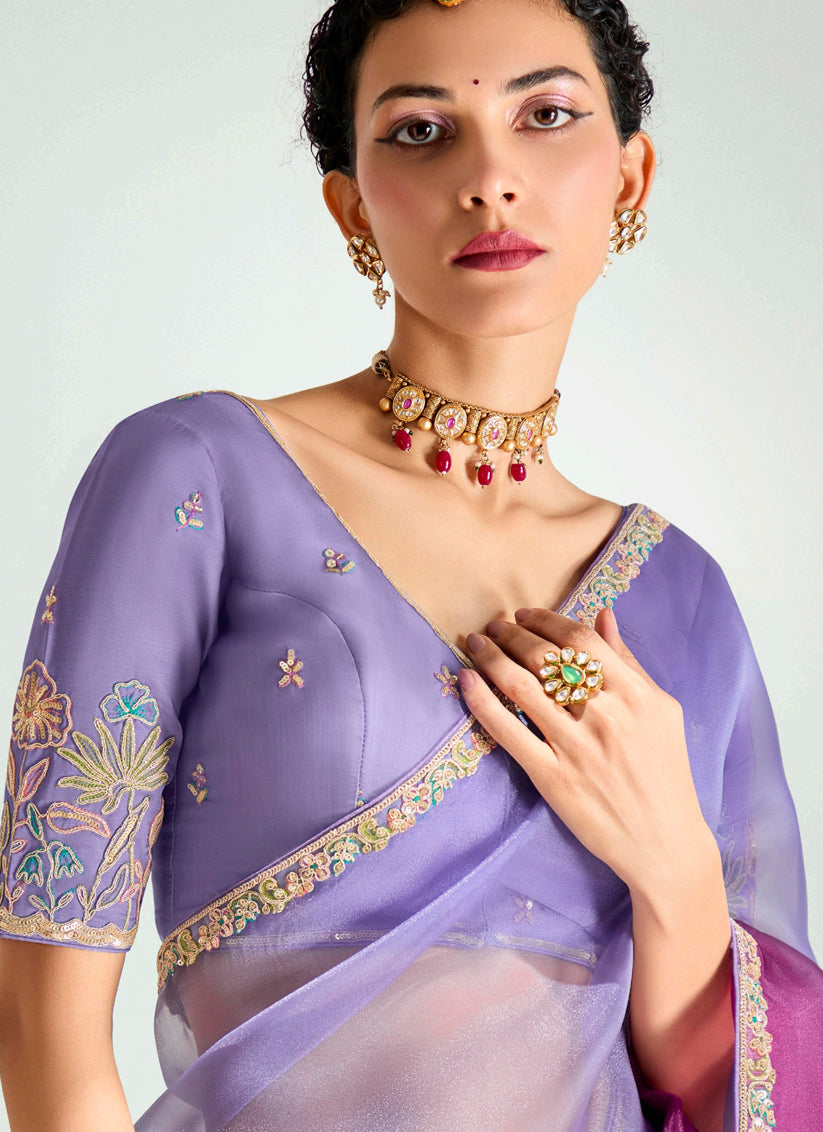 Amazing Lavender and Magenta Organza Tissue Embroidered Designer Wedding Saree