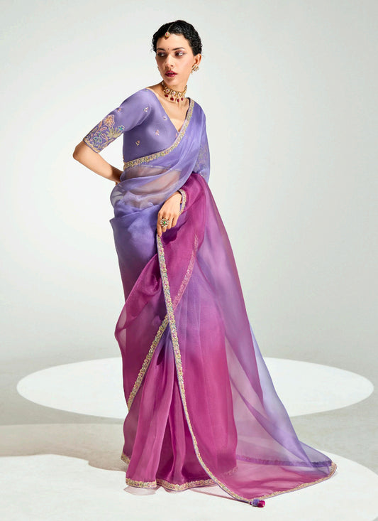 Amazing Lavender and Magenta Organza Tissue Embroidered Designer Wedding Saree