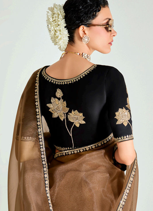 Delicate Snuff Brown and Black Organza Tissue Embroidered Designer Wedding Saree
