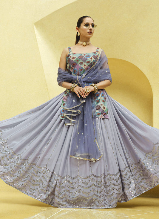 Fabulous Lavender Grey Chinnon Silk Embellished Designer Lehenga Kameez