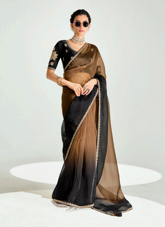 Delicate Snuff Brown and Black Organza Tissue Embroidered Designer Wedding Saree