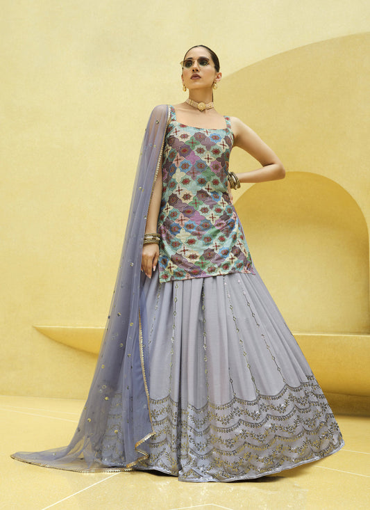 Fabulous Lavender Grey Chinnon Silk Embellished Designer Lehenga Kameez