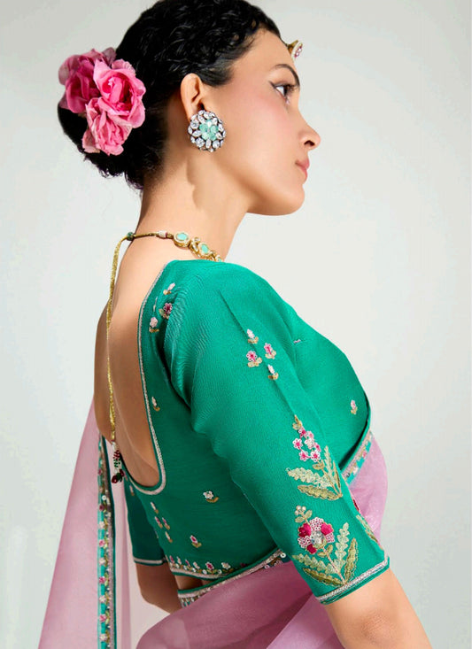 Sweet Sea Green and Lilac Pink Organza Tissue Embroidered Designer Wedding Saree