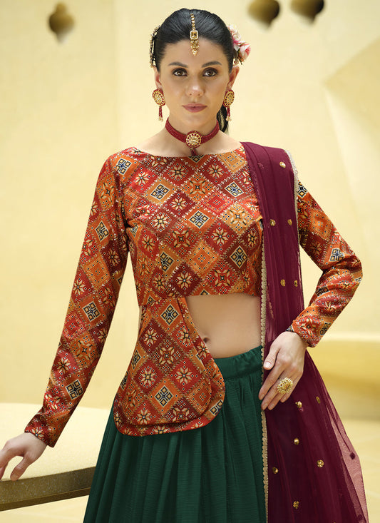 Delightful Pine Green Chinnon Silk Embellished Designer Lehenga Choli