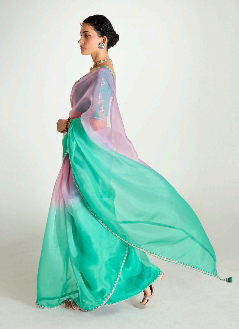 Sweet Sea Green and Lilac Pink Organza Tissue Embroidered Designer Wedding Saree