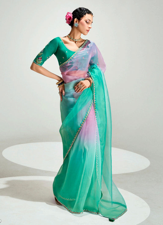 Sweet Sea Green and Lilac Pink Organza Tissue Embroidered Designer Wedding Saree