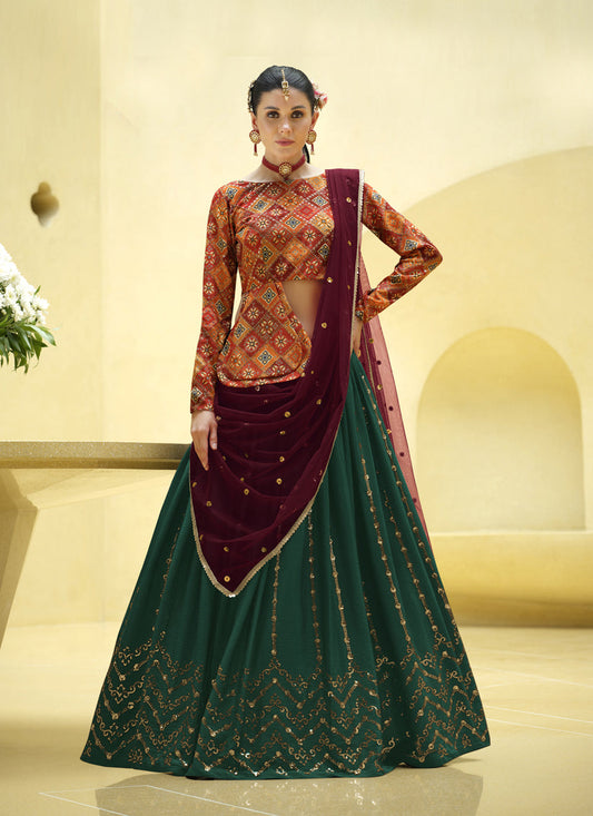Delightful Pine Green Chinnon Silk Embellished Designer Lehenga Choli