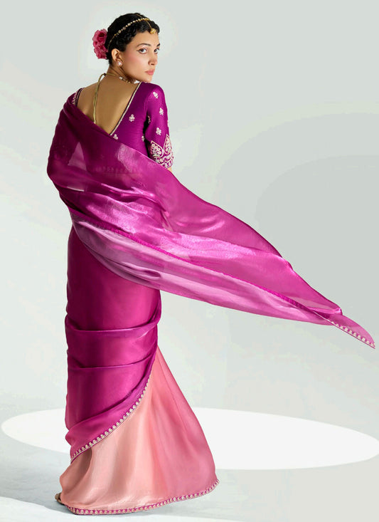 Adorable Coral Pink and Magenta Organza Tissue Embroidered Designer Wedding Saree