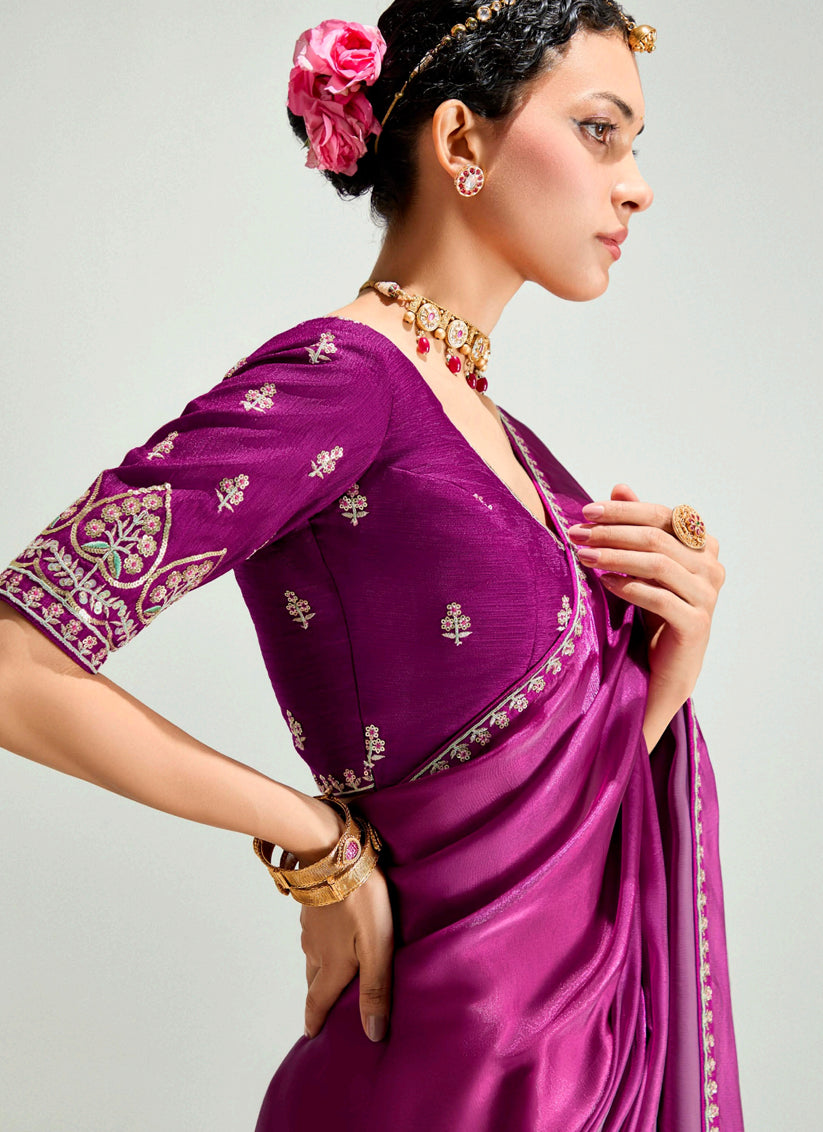 Adorable Coral Pink and Magenta Organza Tissue Embroidered Designer Wedding Saree