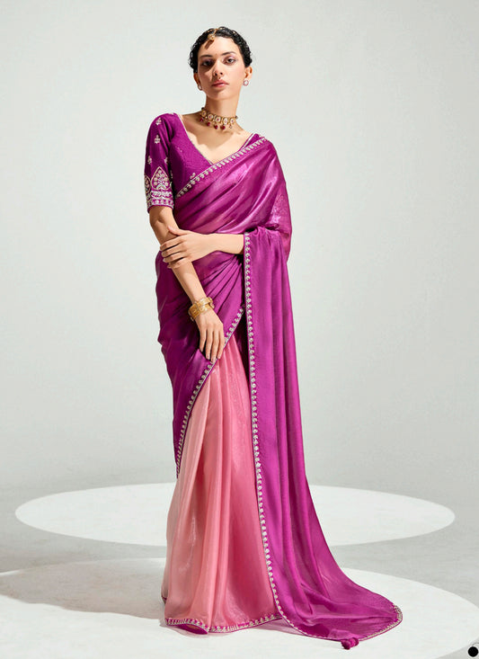 Adorable Coral Pink and Magenta Organza Tissue Embroidered Designer Wedding Saree