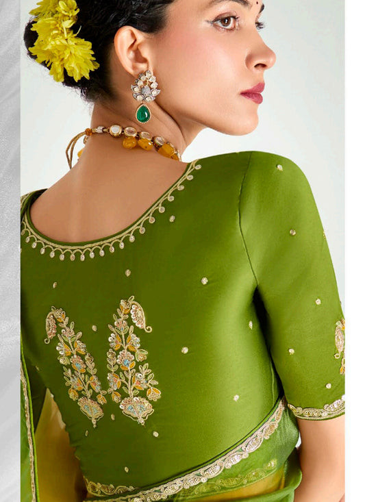 Alluring Multicolor Organza Tissue Embroidered Designer Wedding Saree