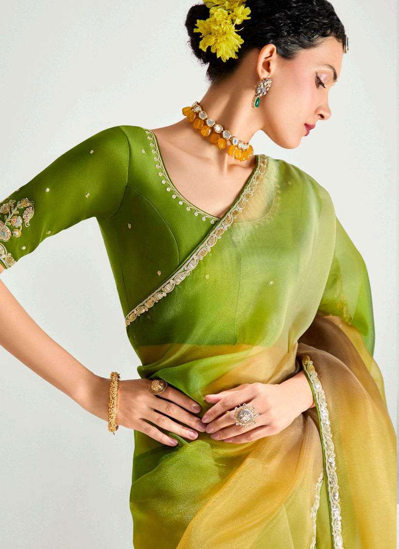Alluring Multicolor Organza Tissue Embroidered Designer Wedding Saree