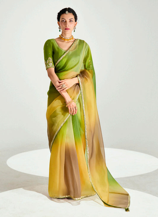 Alluring Multicolor Organza Tissue Embroidered Designer Wedding Saree