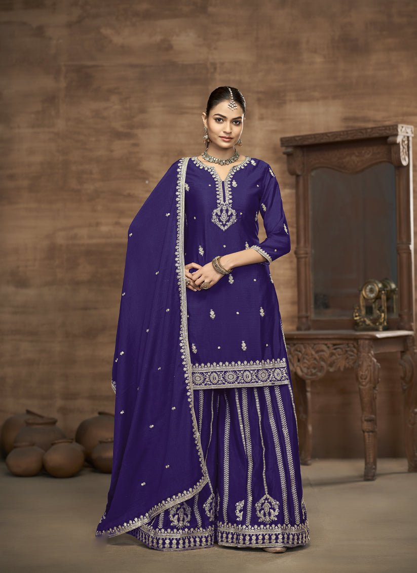 violet chinnon silk embroidered readymade palazzo kameez