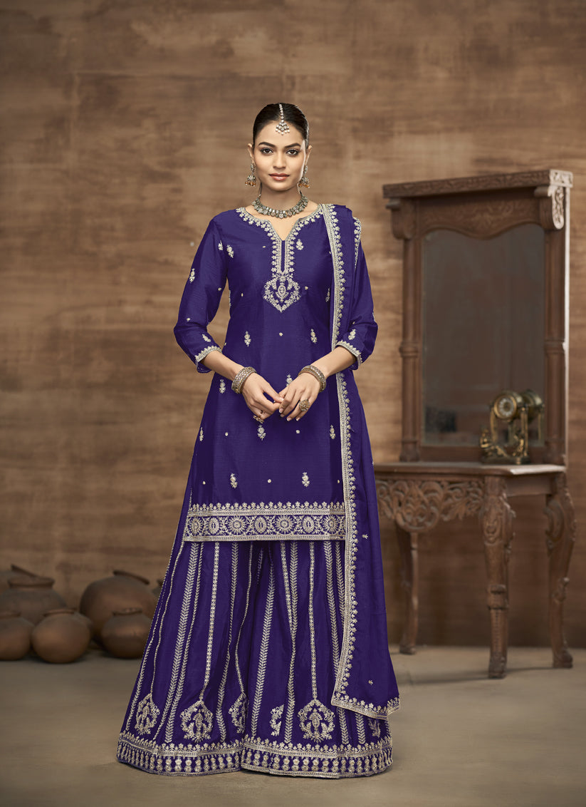 violet chinnon silk embroidered readymade palazzo kameez