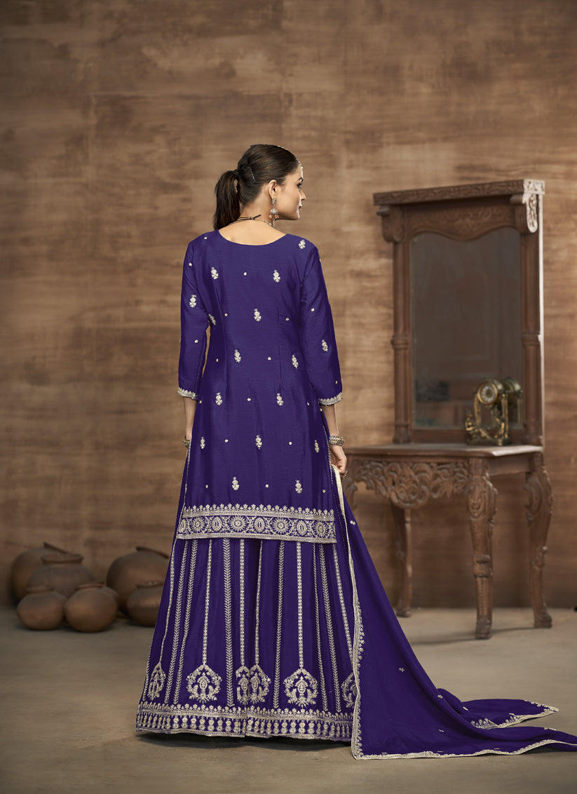 violet chinnon silk embroidered readymade palazzo kameez