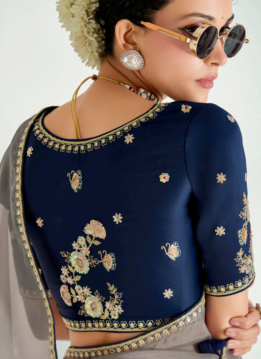 Captivating Dusty Grey and Prussian Blue Organza Tissue Embroidered Designer Wedding Saree