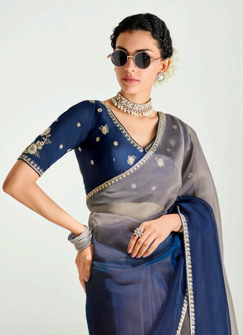 Captivating Dusty Grey and Prussian Blue Organza Tissue Embroidered Designer Wedding Saree