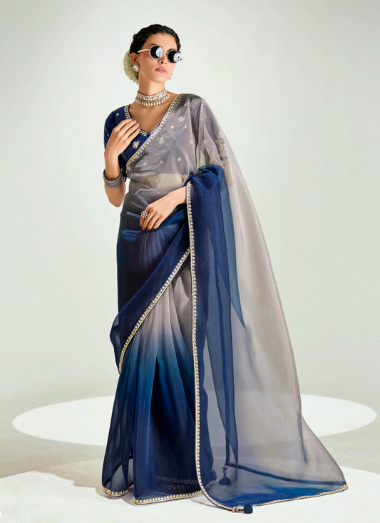 Captivating Dusty Grey and Prussian Blue Organza Tissue Embroidered Designer Wedding Saree