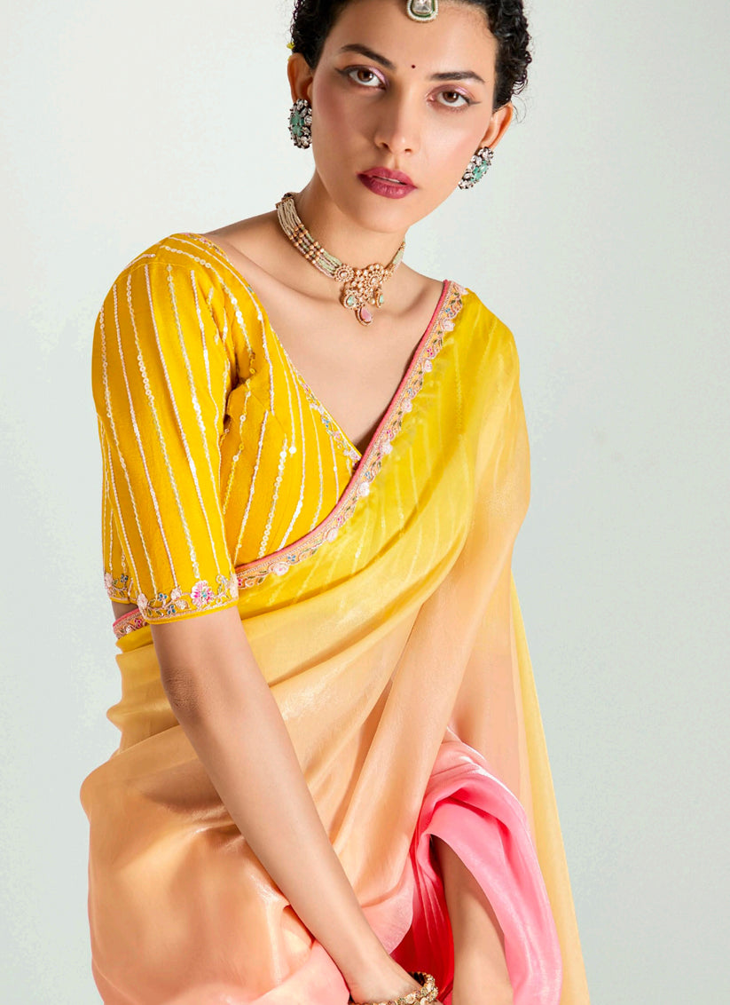 Mesmerizing Multicolor Organza Tissue Embroidered Designer Wedding Saree