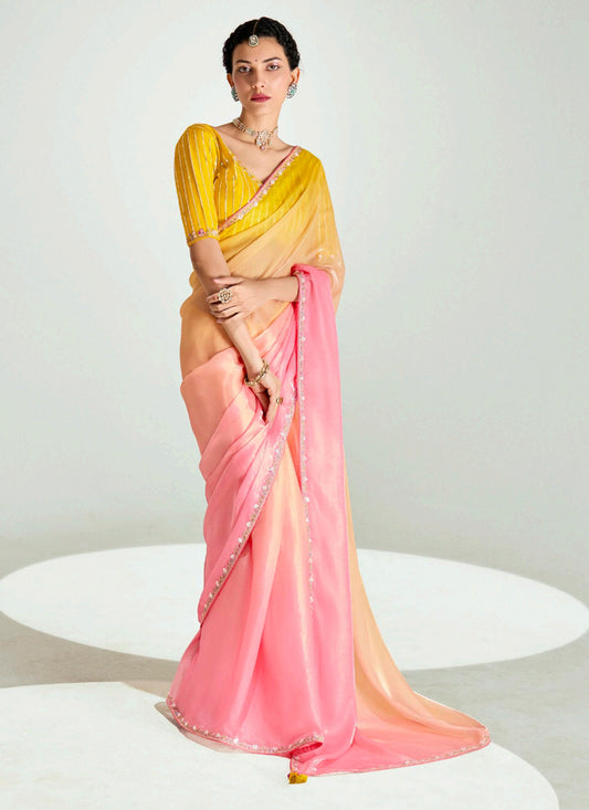 Mesmerizing Multicolor Organza Tissue Embroidered Designer Wedding Saree