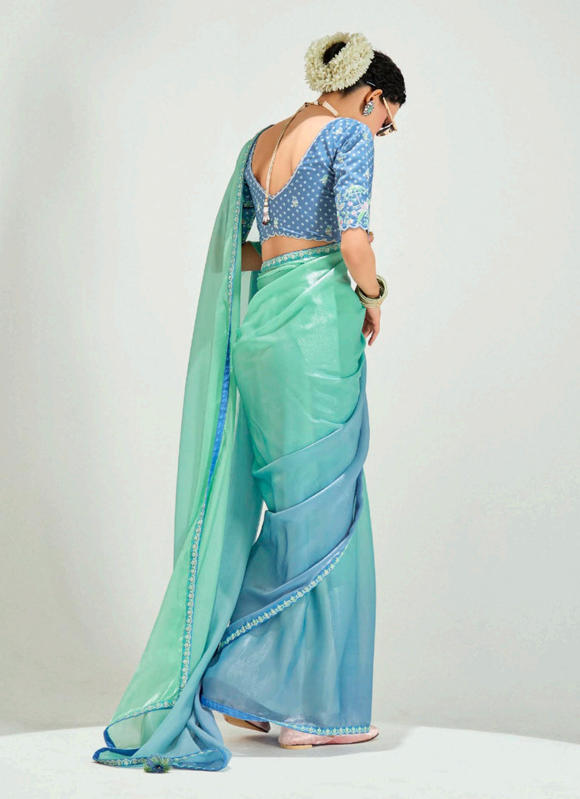Fascinating Sea Green and Azure Blue Organza Tissue Embroidered Designer Wedding Saree