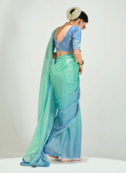 Fascinating Sea Green and Azure Blue Organza Tissue Embroidered Designer Wedding Saree