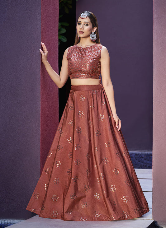 Charming Rust Orange Art Silk Lehenga Choli with Jacket