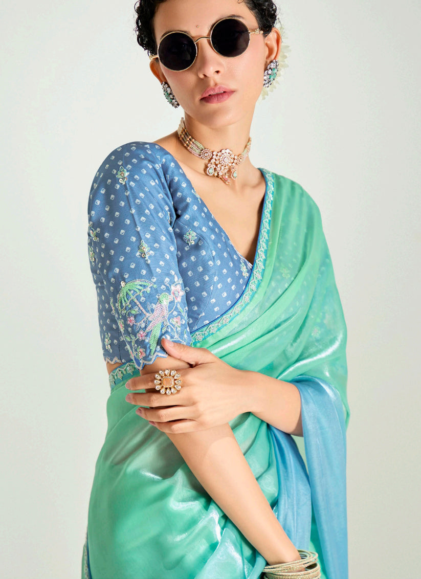 Fascinating Sea Green and Azure Blue Organza Tissue Embroidered Designer Wedding Saree