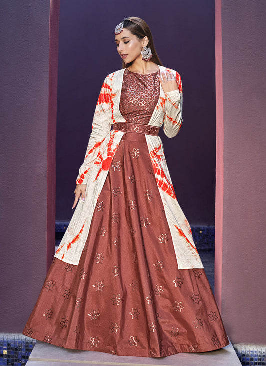 Charming Rust Orange Art Silk Lehenga Choli with Jacket