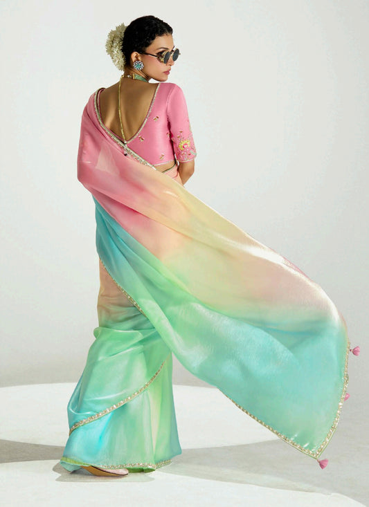 Ravishing Multicolor Organza Tissue Embroidered Designer Wedding Saree