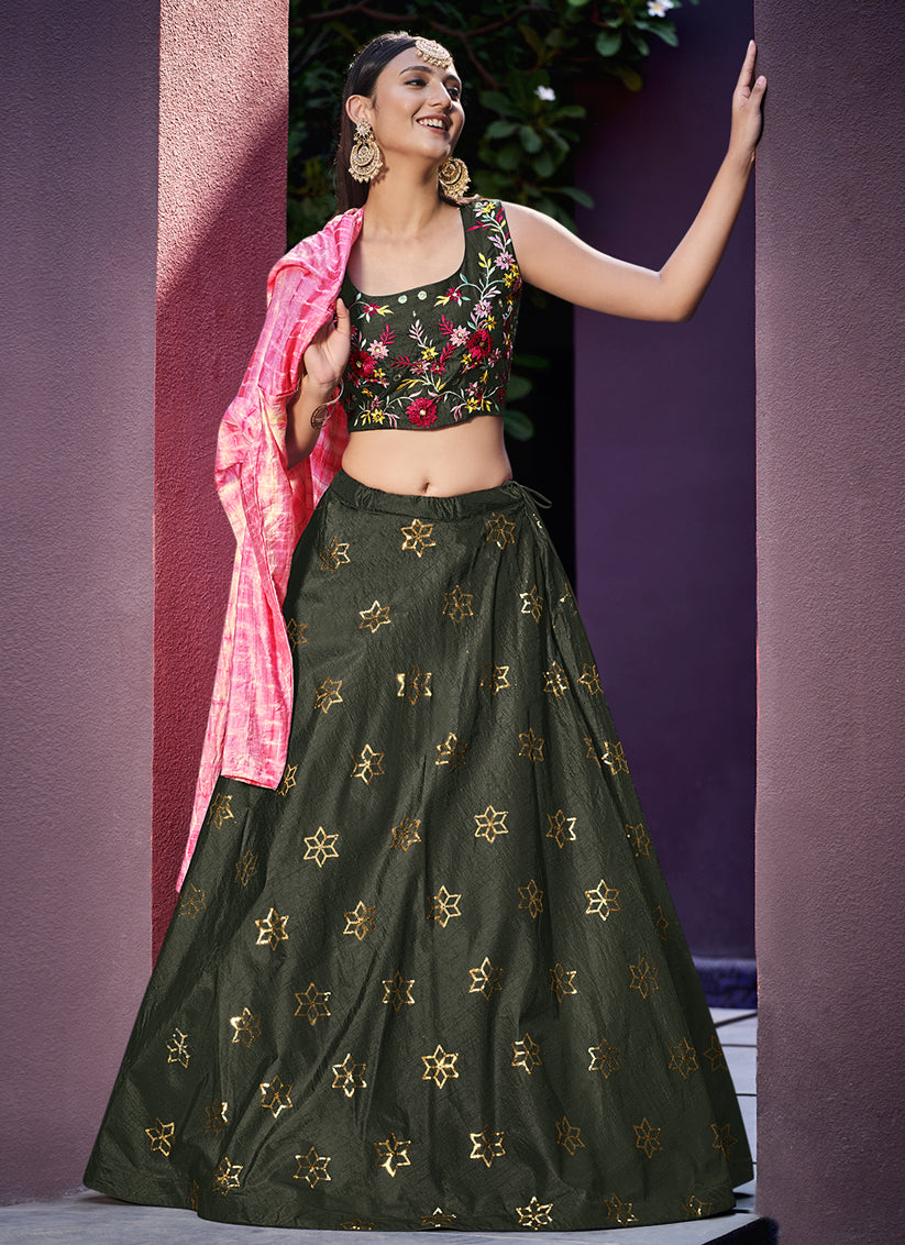 Fashionable Moss Green Art Silk Lehenga Choli with Jacket