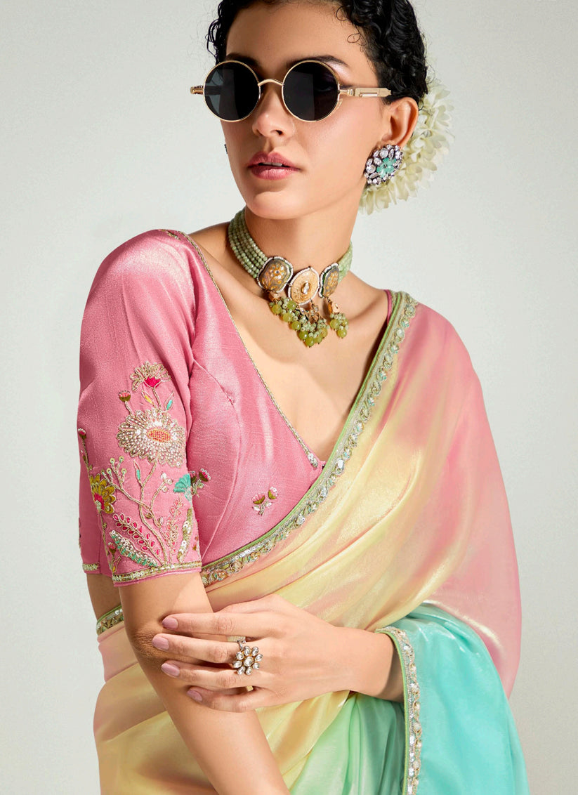 Ravishing Multicolor Organza Tissue Embroidered Designer Wedding Saree
