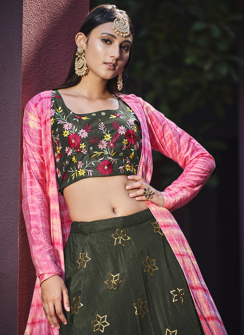 Fashionable Moss Green Art Silk Lehenga Choli with Jacket