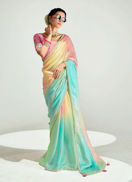 Ravishing Multicolor Organza Tissue Embroidered Designer Wedding Saree