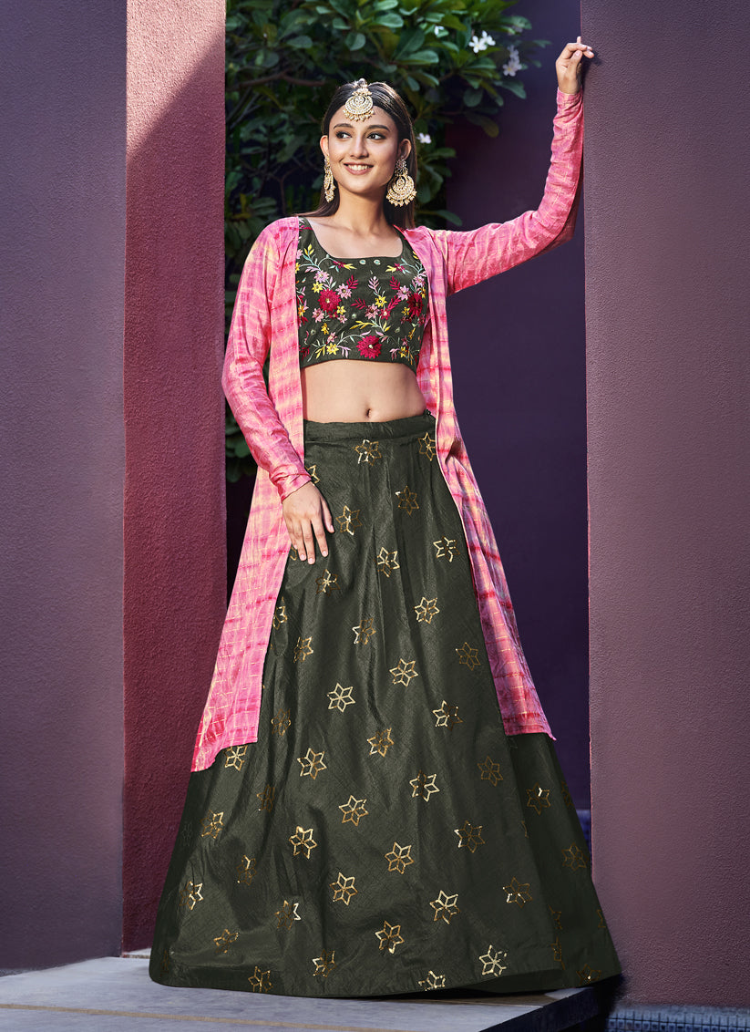 Fashionable Moss Green Art Silk Lehenga Choli with Jacket